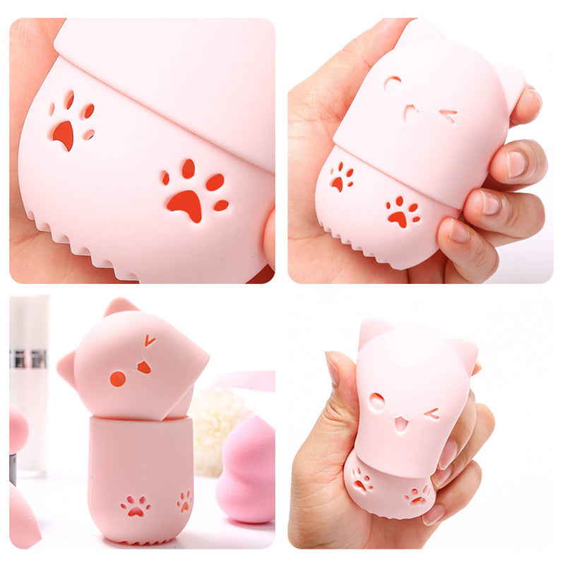 Pink Cute Cat Soft Silicone Cosmetic Sponge Box Holder with Beauty Eggs Portable Powder Puffs Holder Sponge Make Up Drying Cases