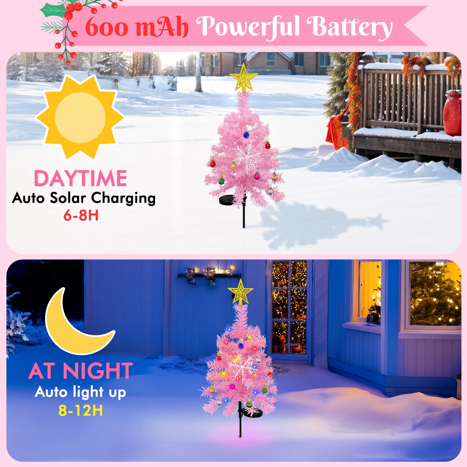 OurWarm 2pcs Pink 29in Solar Christmas Trees Garden Stake Lights Waterproof Christmas Yard Decor Outdoor, 8 Modes Xmas Tree