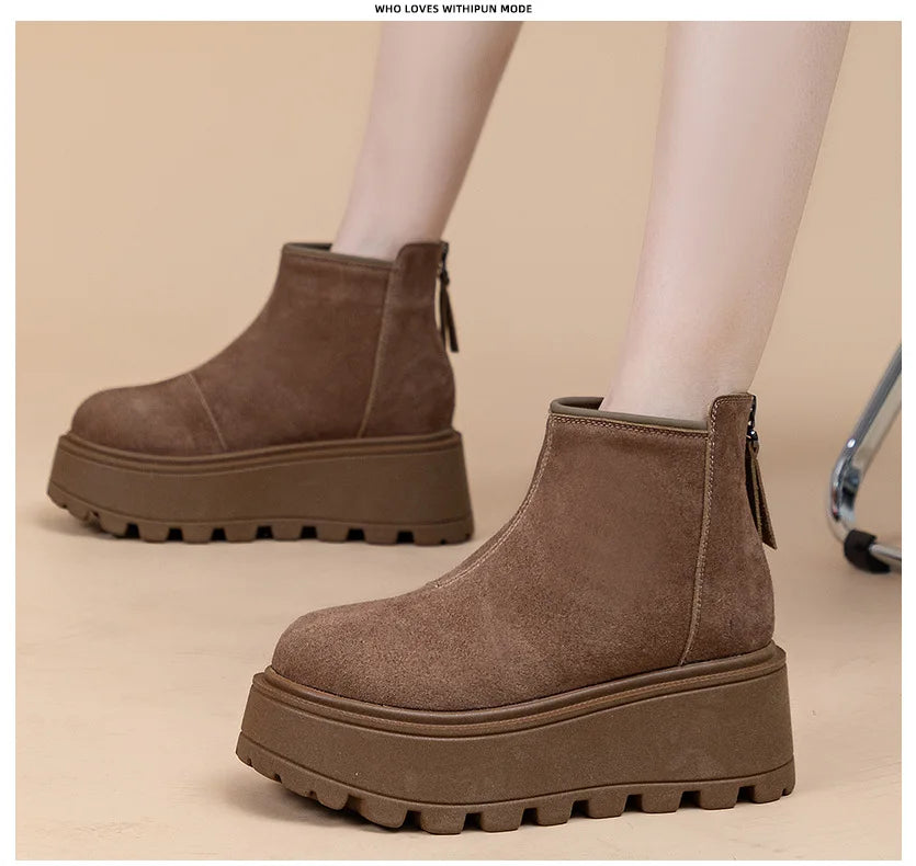 Fujin 7cm Suede Leather Snow Shoes Ankle Booties Platform Winter Boots Women Comfortable Non Slip Chelsea Boots Chunky Heel