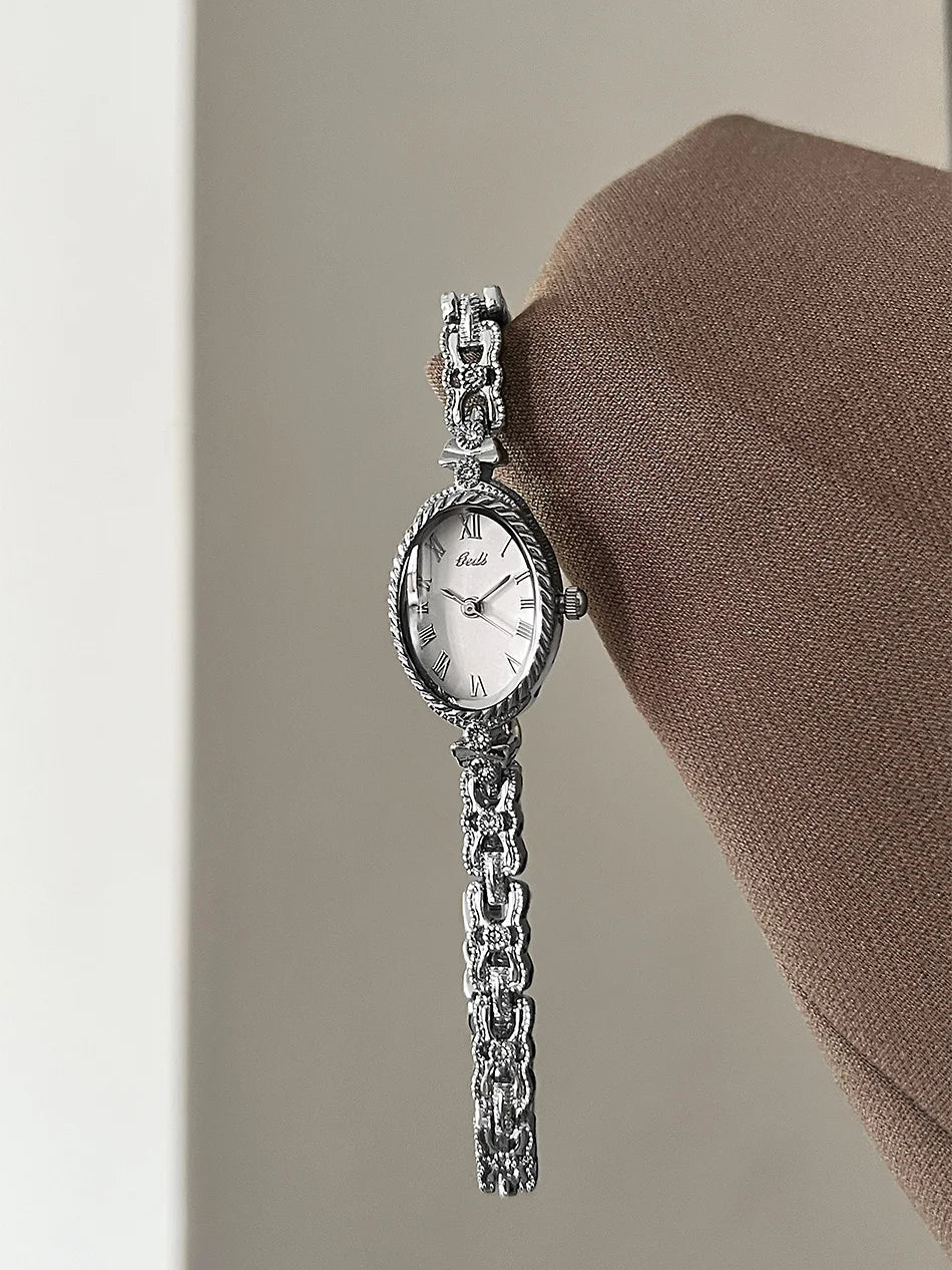 2025 NEW Vintage Silver Women's Watches GEDI Roman Numeral Display Oval Dial Woman's Quartz Wristwatch Clock Gift Accessories