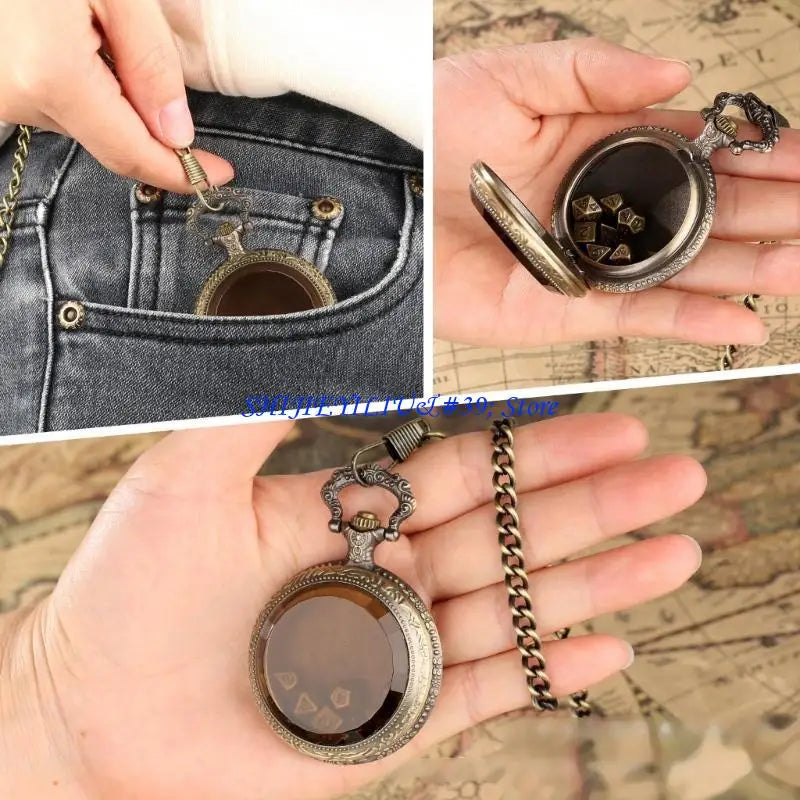 E21F Fashion Pocket Watch Case with 7pcs/set Metal Polyhedral Dices Pendant Chain
