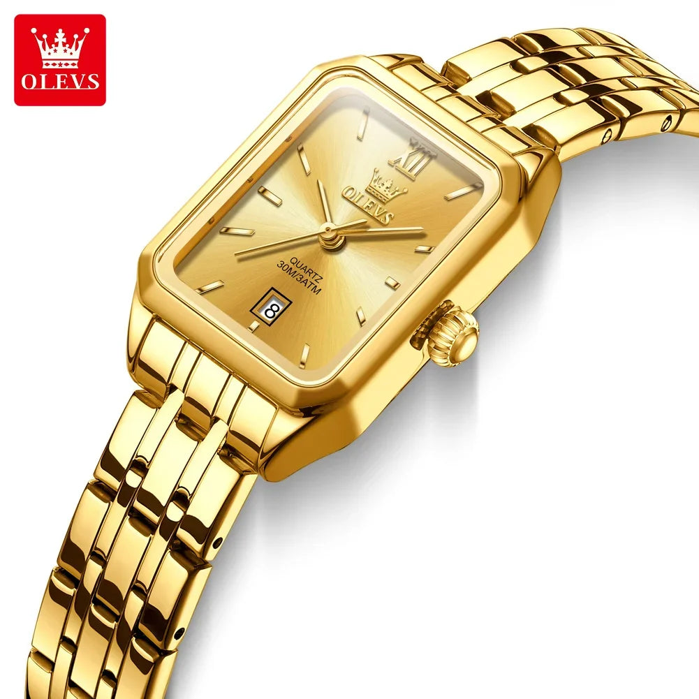 OLEVS Quartz Women's Watches Stainless Steel Square Small Gold Watch for Women Waterproof Auto Date Elegant Ladies Wristwatches