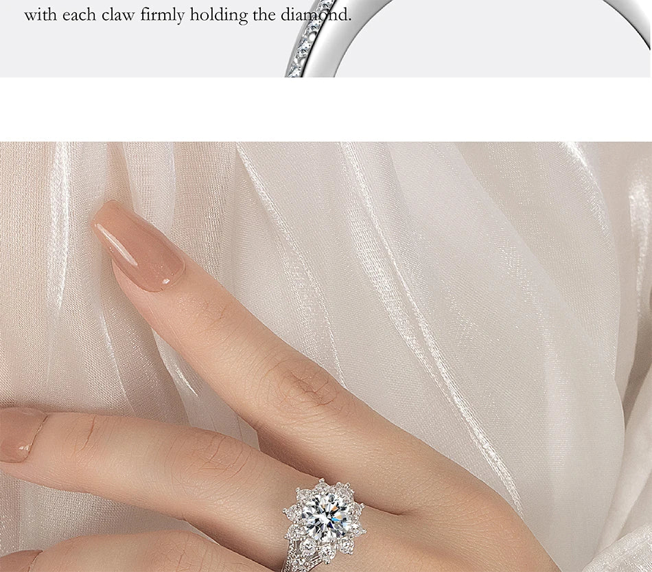 PERFANY 3CT Sunflower Moissanite Ring for Women S925 Pure Silver Plated 18K White Gold Diamond Luxury Wedding Jewelry