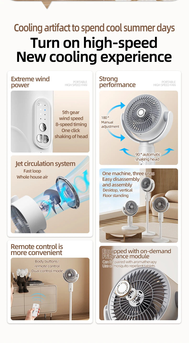 Rechargeable Oscillating Stand Fan 5 Speeds Adjustable Height USB Portable Air Circulator for Bedroom Office Living Room