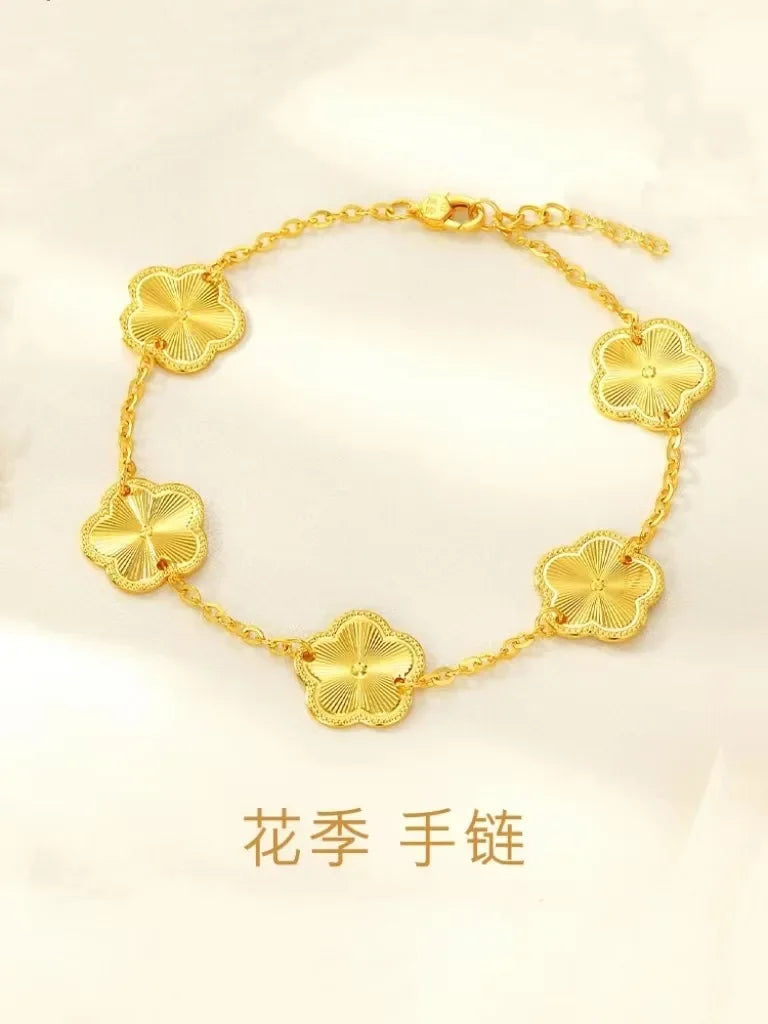 Delicacy 9999 24K Solid Gold Seasonal Necklace with Matching Bracelet and Stud Earrings Set for Women