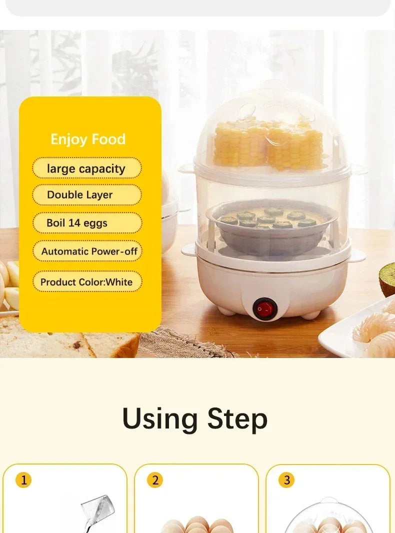 Electric Egg Cooker Automatic Steamer Double Layer Multi Function Breakfast Machine Mini Kitchen Appliance for Boiling Poaching