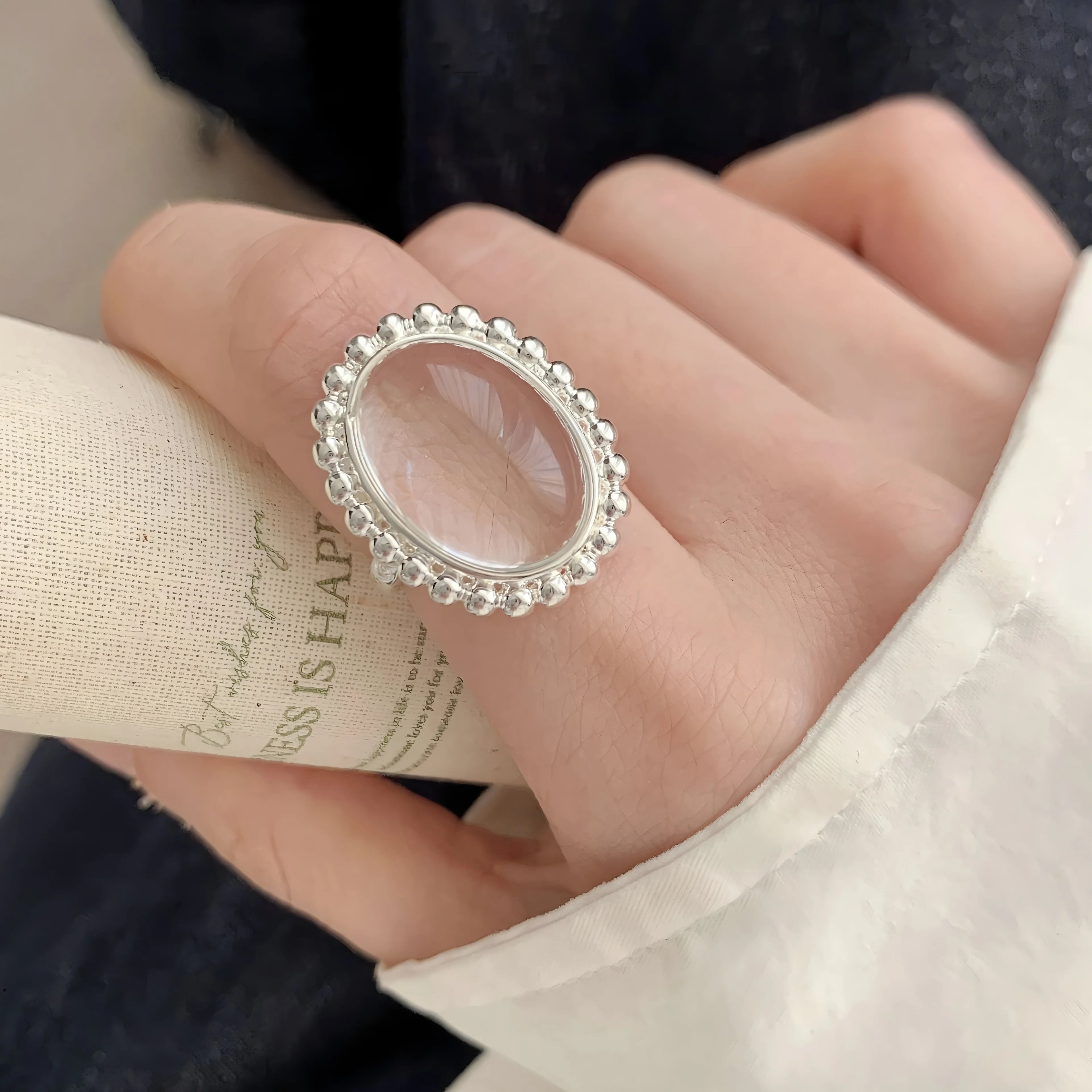 PANJBJ 925 Sterling Silver Geometry Crystal Ring For Women Ellipse Exaggerated Punk Water Drop Open Jewelry Gift Dropshipping