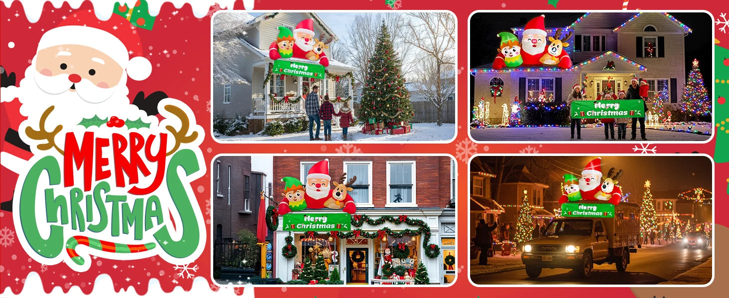OurWarm 7.2FT Christmas Inflatable Outdoor Decoration,Detachable Banner Inflatable Santa Claus Outdoor with Elf & Reindeer Decor
