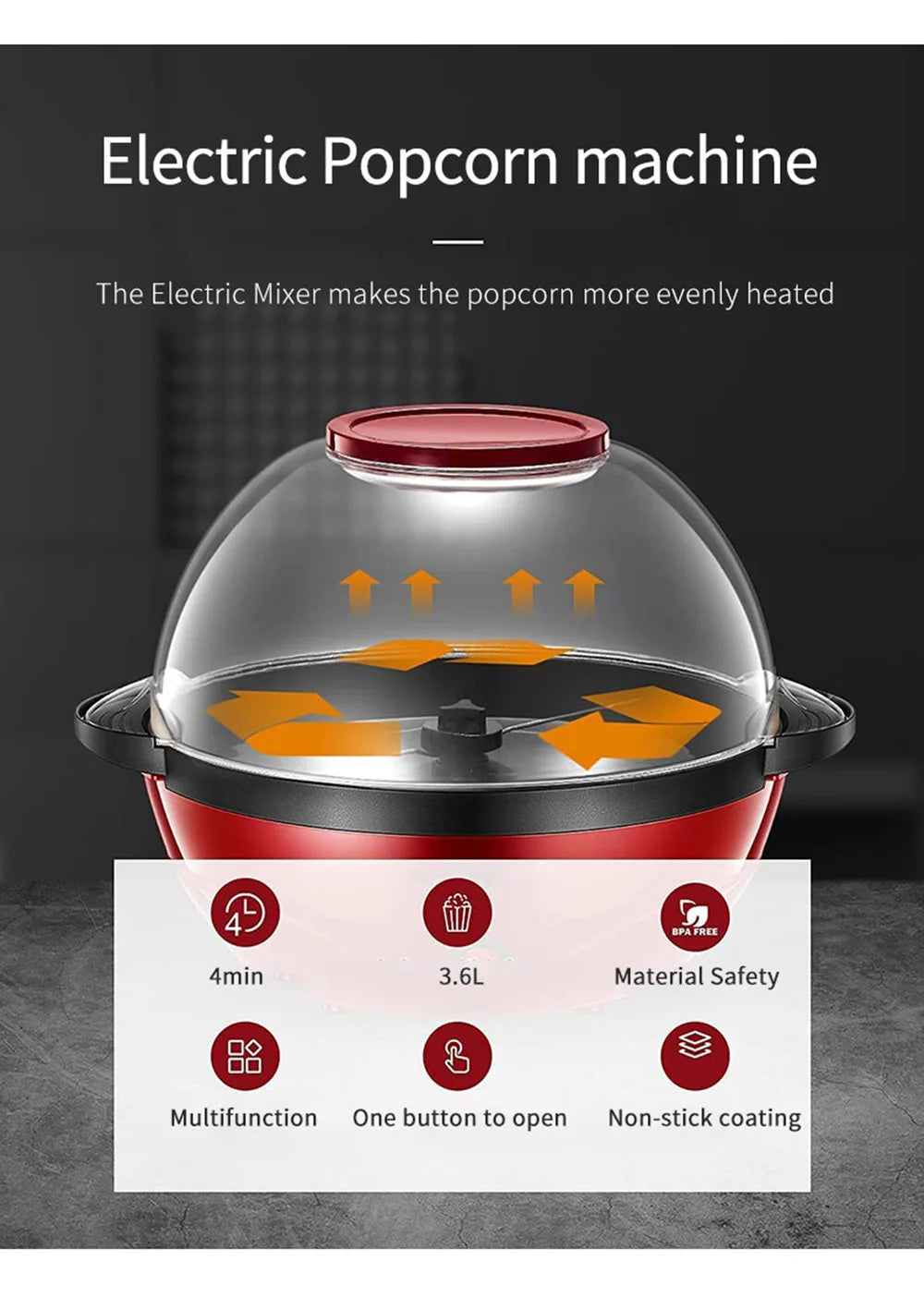 Electric Popcorn Maker 1PC850W Home Healthy Oil-free Children Homemade Snacks Corn Maker Fully Automatic Home Appliances Kitchen