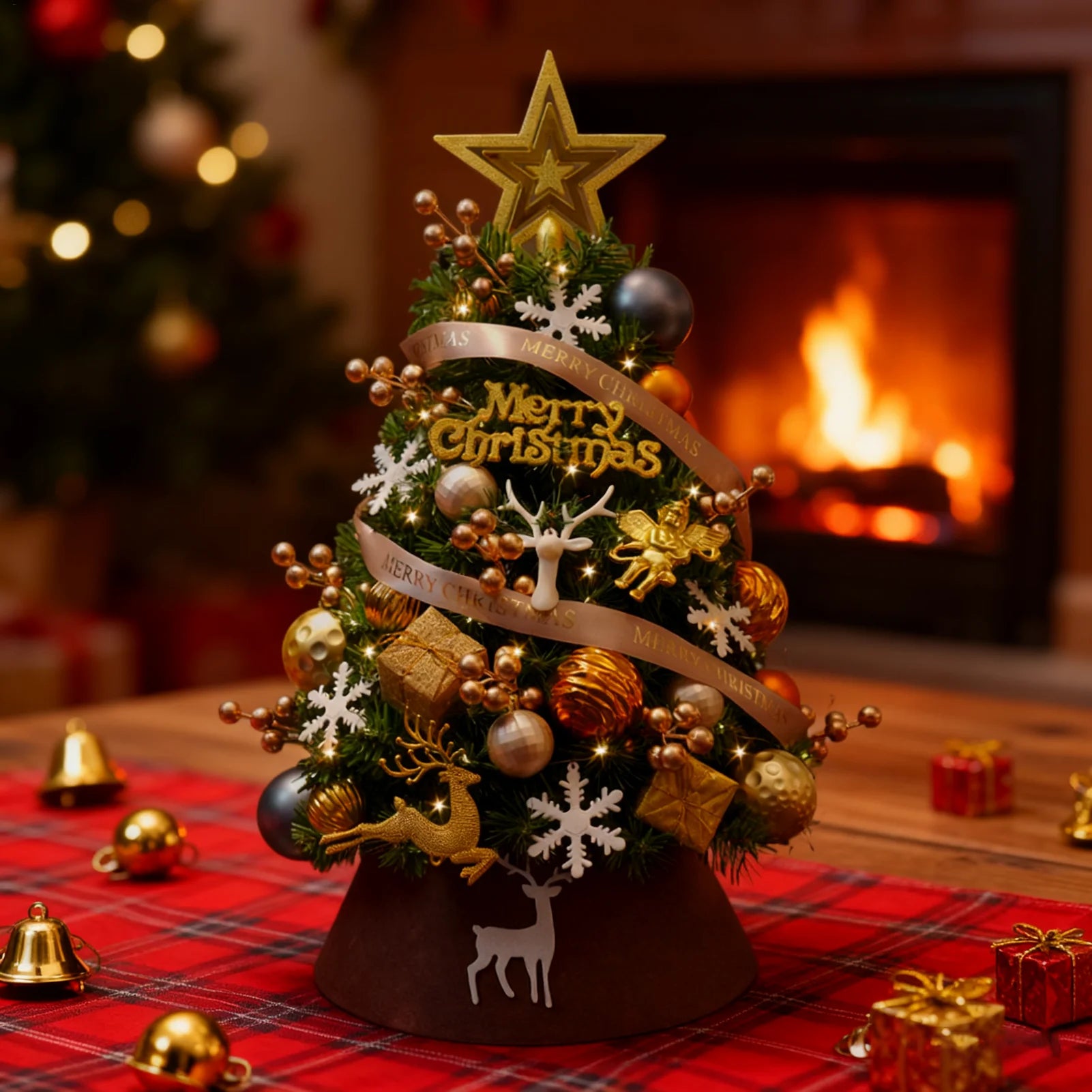 Desktop Mini Christmas Tree Golden Red Ball Flocking Tree With Led Lights Home Ornaments Christmas Decorations Holiday Festive