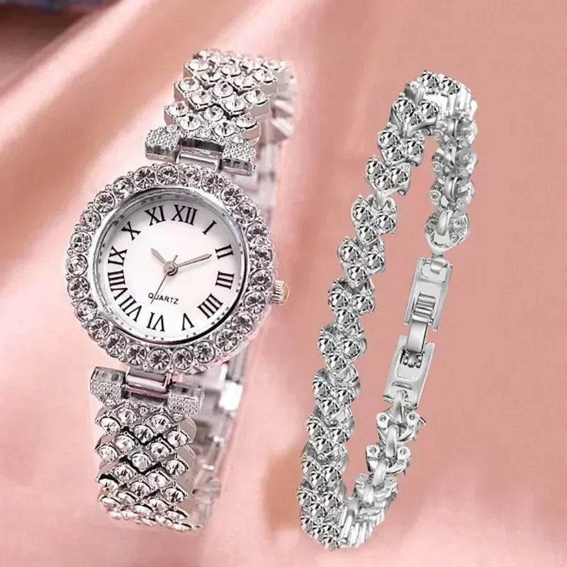 Fashion Luxury Full Crystal 5 Pcs Watch  Necklace Earrings  Ring  Set for Women Rhinestone  Wristwatch Female Bracelet Set Gift