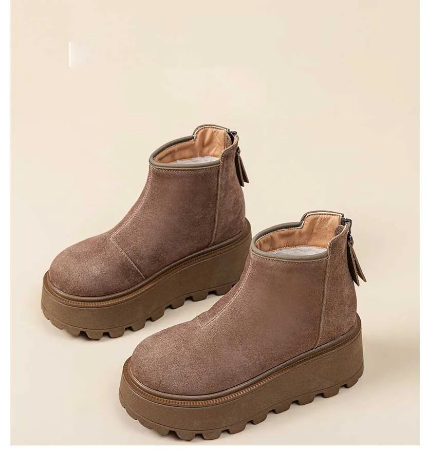 Fujin 7cm Suede Leather Snow Shoes Ankle Booties Platform Winter Boots Women Comfortable Non Slip Chelsea Boots Chunky Heel