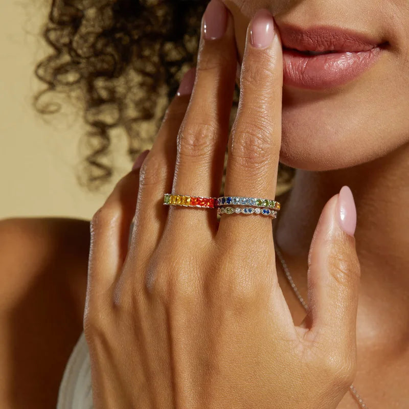 ALLNOEL Rainbow Band Ring for Woman Pure 925 Sterling Sliver 5A Zircon Eternity Fine Jewelry Colorful Engagement Birthday Gifts