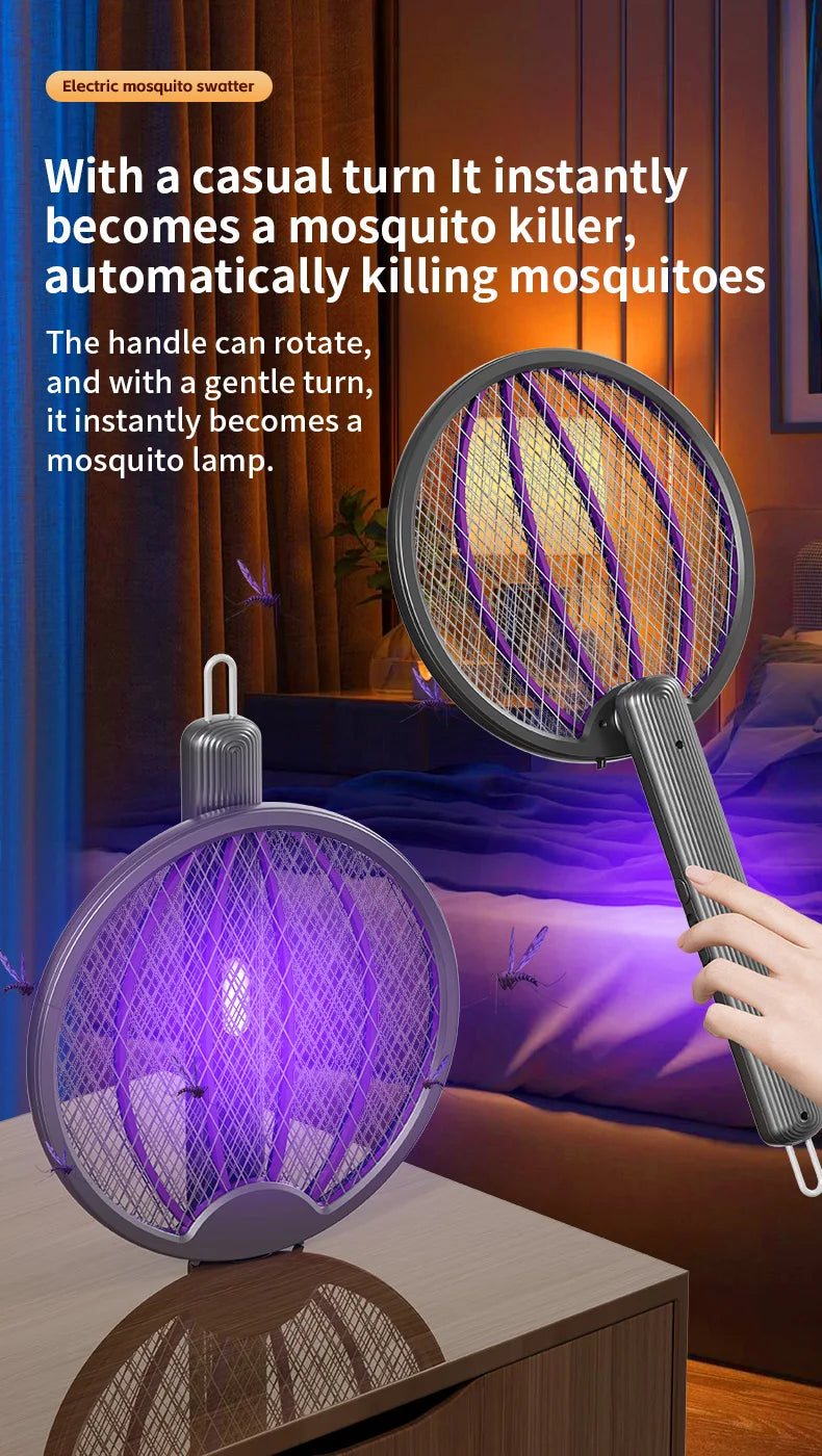 3 in 1 Foldable USB Rechargeable 3000V Mosquito Fly Swatter UV Trap LED Dual Switch Safe Grid 0° Wall Stick Bug Zapper