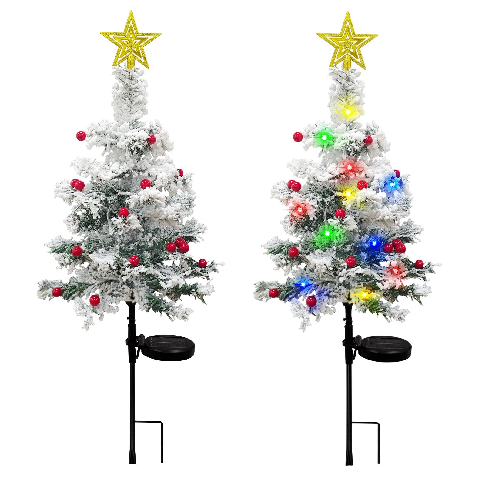 OurWarm 2 pcs Solar Christmas Tree Outdoor Christmas Decor, 29In Flocked Christmas Tree , Mini Small Christmas Tree with 40LED