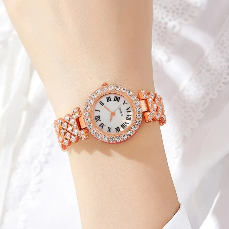 Fashion Luxury Full Crystal 5 Pcs Watch  Necklace Earrings  Ring  Set for Women Rhinestone  Wristwatch Female Bracelet Set Gift