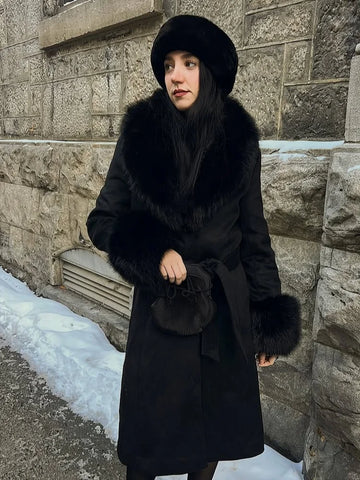 Luxurious Women's Overcoat Faux Full Sleeve Double Breasted Belt Lace Up Female Black Coats 2025 Autumn Winter Chic Lady Outwear