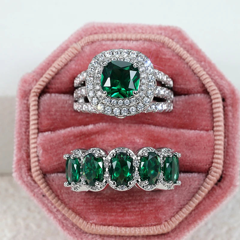 Huitan New Trendy Set Rings for Women Pink/White/Green/Black Cubic Zirconia Rings Gorgeous Wedding Accessories Eternity Jewelry