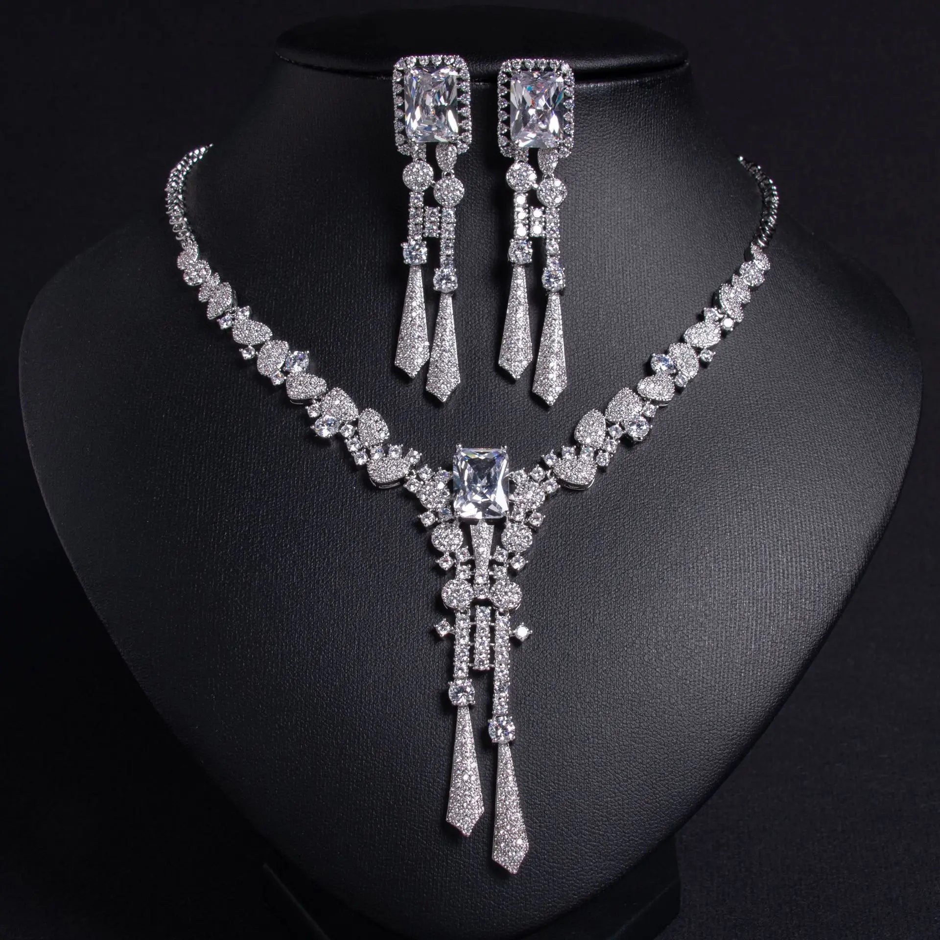 Exquisite Luxury Zirconia Flower Long Pendant Necklace Earrings Ladies Jewellery Set Party Wedding Gift Dress Accessories M-309