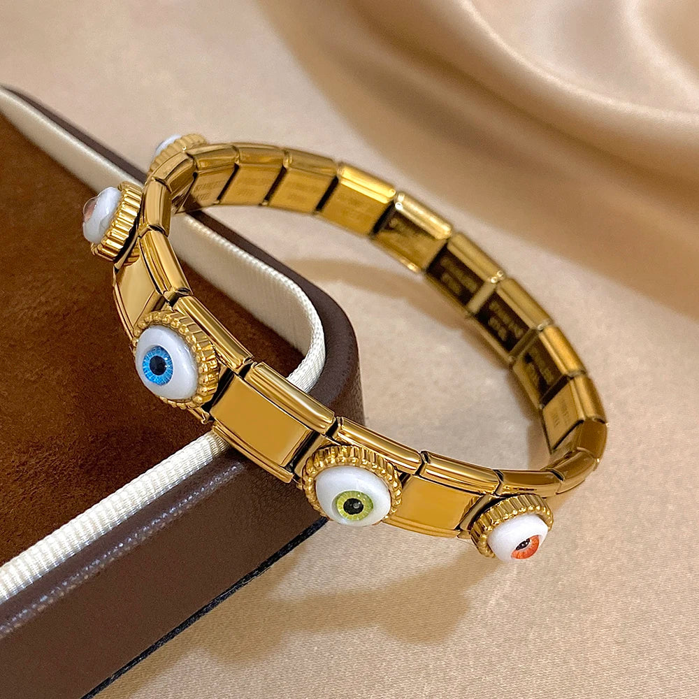 Fashion Elastic Adjustable Stainless Steel Colorful Eye Cuff Bracelet For Women Men New Chic Evil Eyes Italian Watchband Jewelry