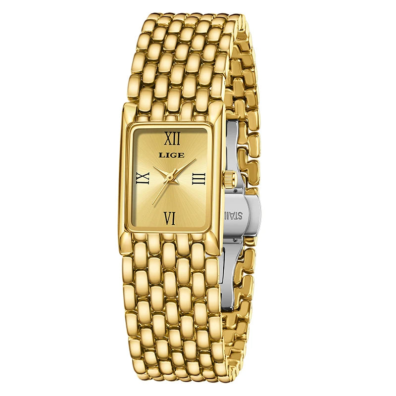 LIGE 2025 Fashion New Gold Women's Watch Luxury Quartz Watch Stainless Steel Bracelet Retro 30M Waterproof Watches Women reloj