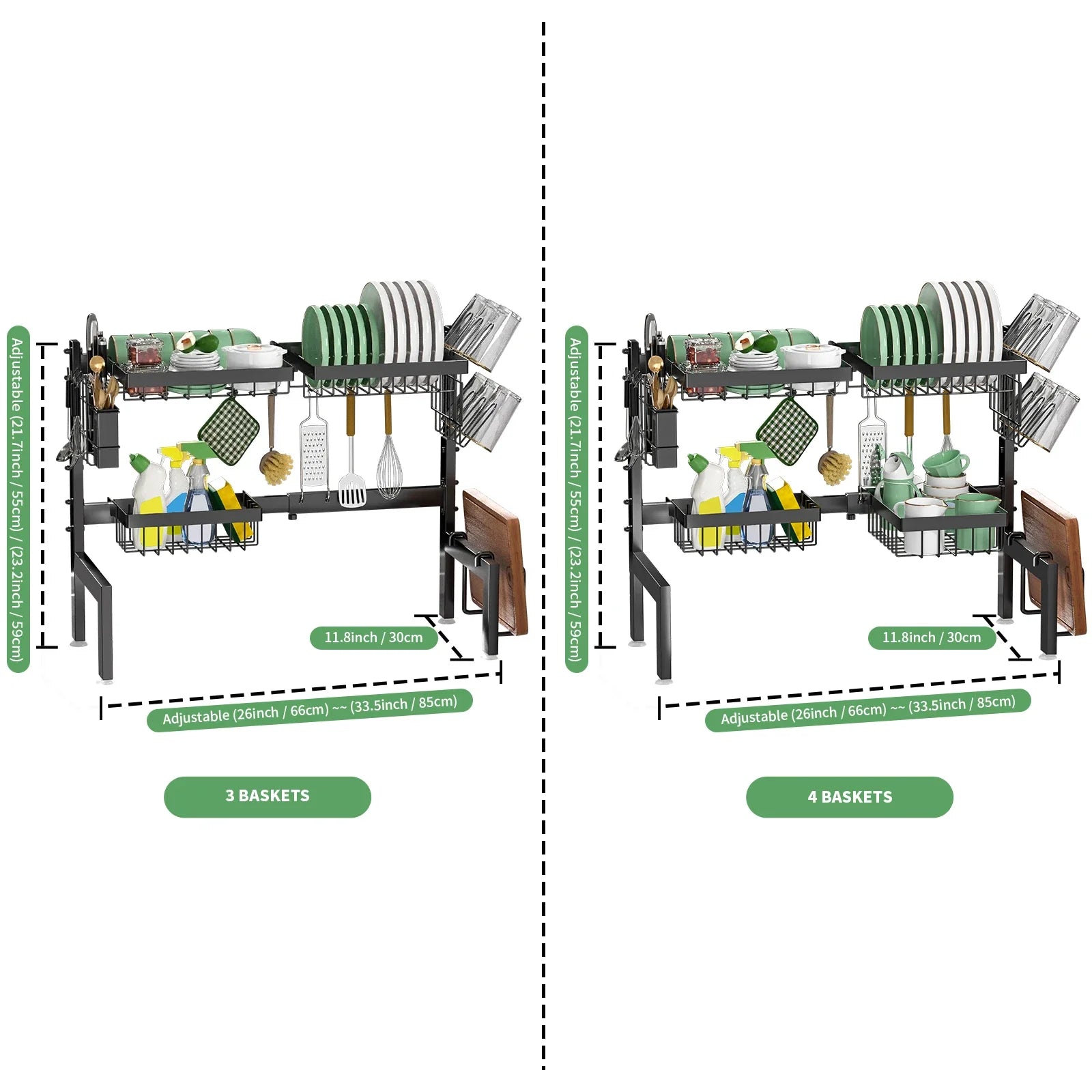 Large over the Sink Dish drying rack Kitchen tablewares storage shelf Adejustable Height and Length Rust Proof Black