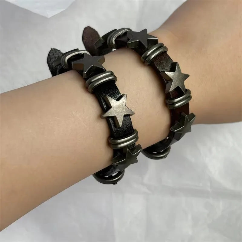 Vintage Star Leather Watchband Bracelet For Women Cool Trend Charm Fashion Adjustable Men Bracelet Harajuku Y2k EMO Jewelry Gift