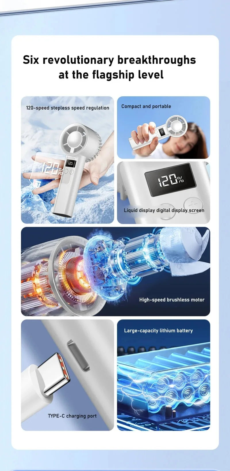 120 Wind Speeds Bladeless Portable Hand Fan USB Rechargeable Mini Handheld High-Speed Personal Fan for Eyelash Makeup