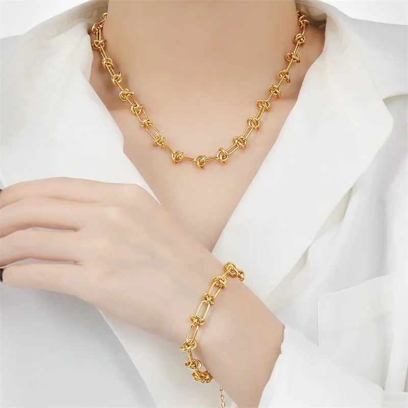 EILIECK 316L Stainless Steel Metal Gold Color Wide Watch Chains Neckalce Bracelet Set For Women Trendy Waterproof Jewelry Gift