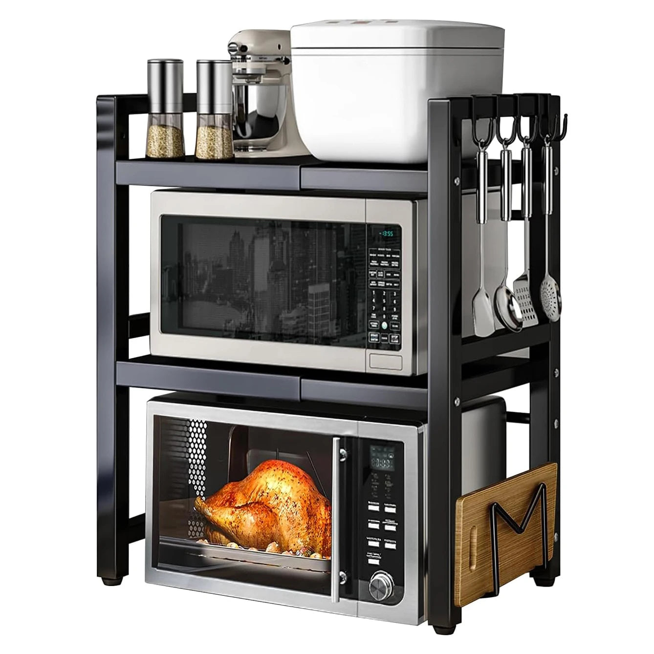 Expandable Microwave Oven Rack 2 Tier microwave shelf, with 6 hooks Adjustable Width Kitchen Counter Organizer Shelf Stand