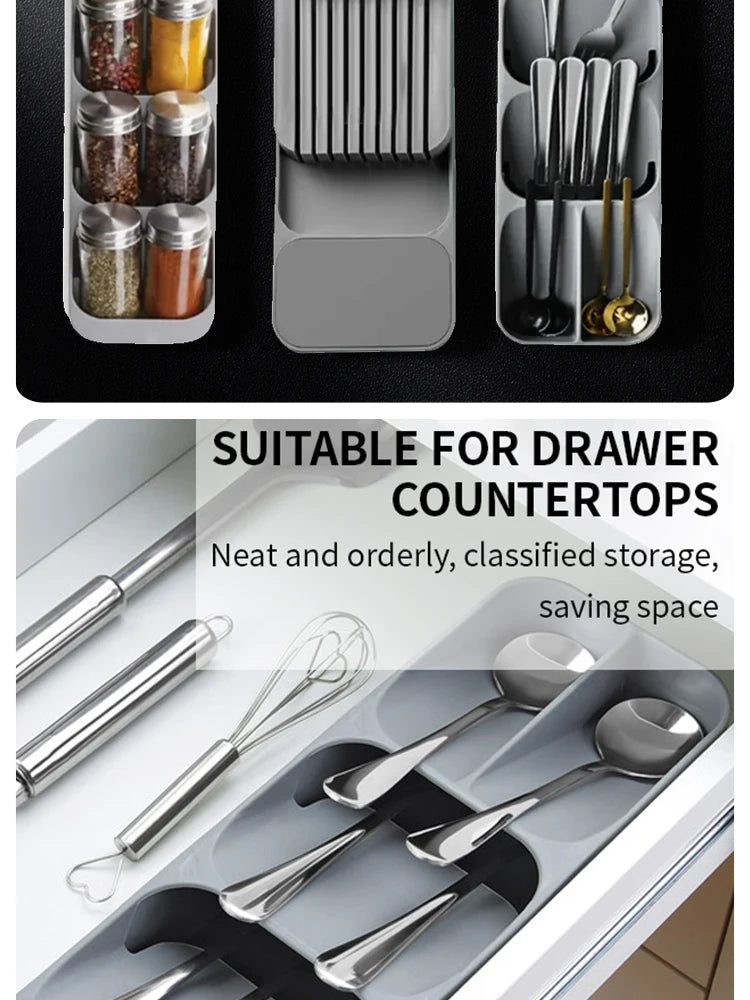 Kitchen Drawer Cutlery Storage Tray Knife Holder Spoon Forks Tableware Organizer Container For Spice Bottles Knives Block Rack