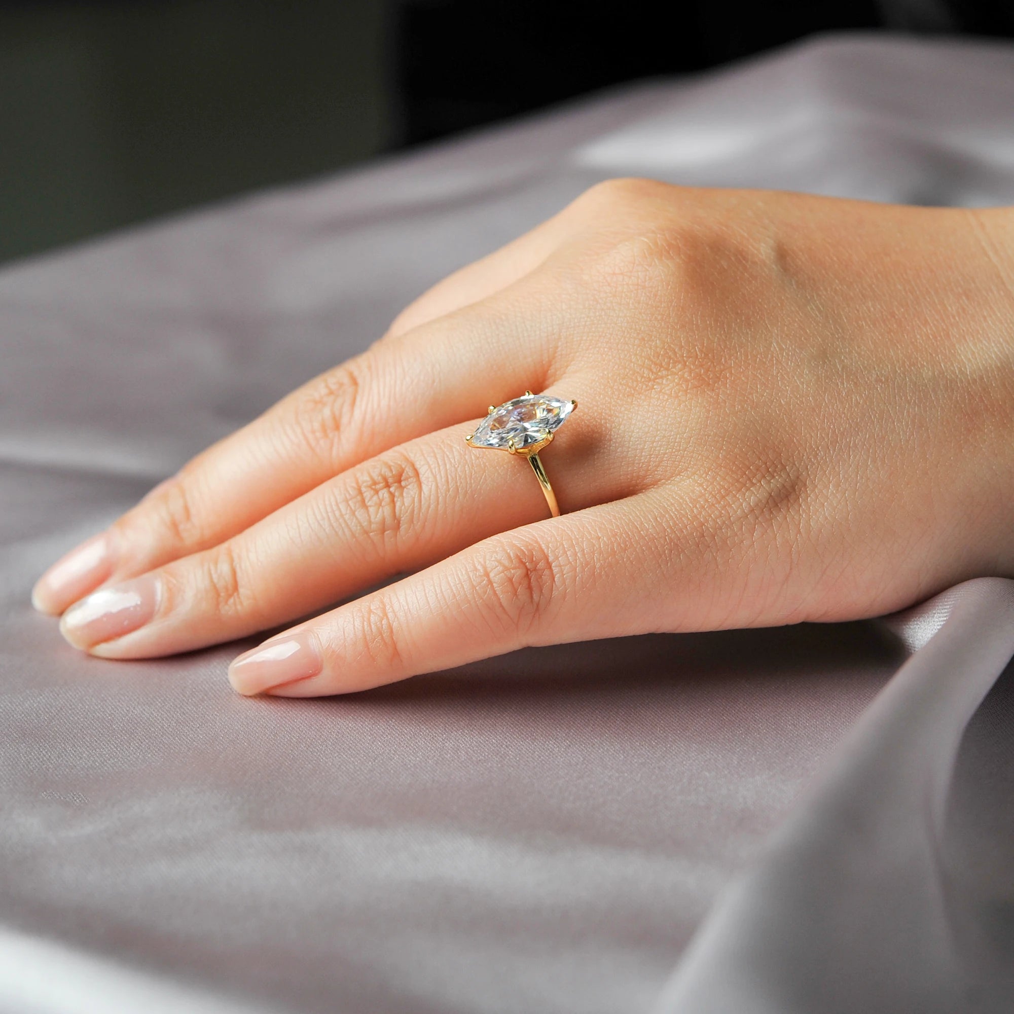 Potiy Vintage 9ct 5A Marquise Shape Cubic Zirconia Solitaire Engagement Ring For Women 925 Sterling Silver 14K Yellow Gold