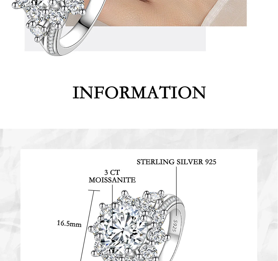 PERFANY 3CT Sunflower Moissanite Ring for Women S925 Pure Silver Plated 18K White Gold Diamond Luxury Wedding Jewelry