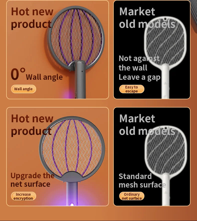 3 in 1 Foldable USB Rechargeable 3000V Mosquito Fly Swatter UV Trap LED Dual Switch Safe Grid 0° Wall Stick Bug Zapper