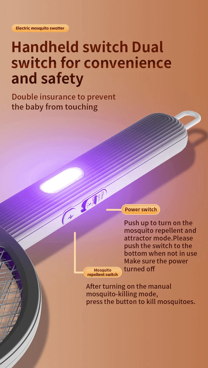 3 in 1 Foldable USB Rechargeable 3000V Mosquito Fly Swatter UV Trap LED Dual Switch Safe Grid 0° Wall Stick Bug Zapper