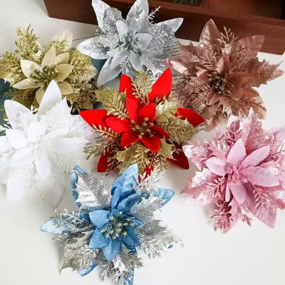 1~20Pcs Glitter Artifical Christmas Flowers Mreey Christmas Tree Decoration Happy New Year Ornaments Xmas Fake Flowers natal