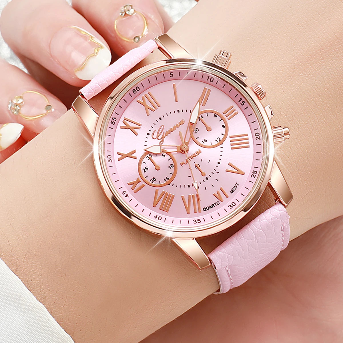 9PCS/Set Women Watches Fashion Roma Dial Ladies Quartz Watch Casual Leather Band Wristwatches Relogio Feminino（Without Box）