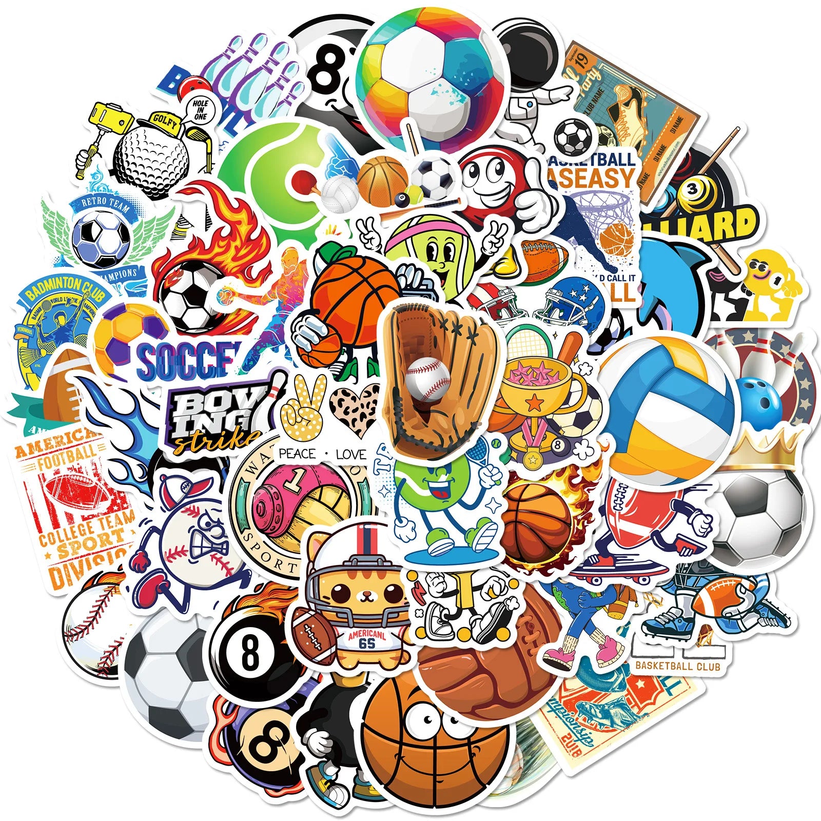 50 PCS Sports Stickers, Soccer Football Volleyball Golf Basketball Stickers, Sports Ball Stickers for phone