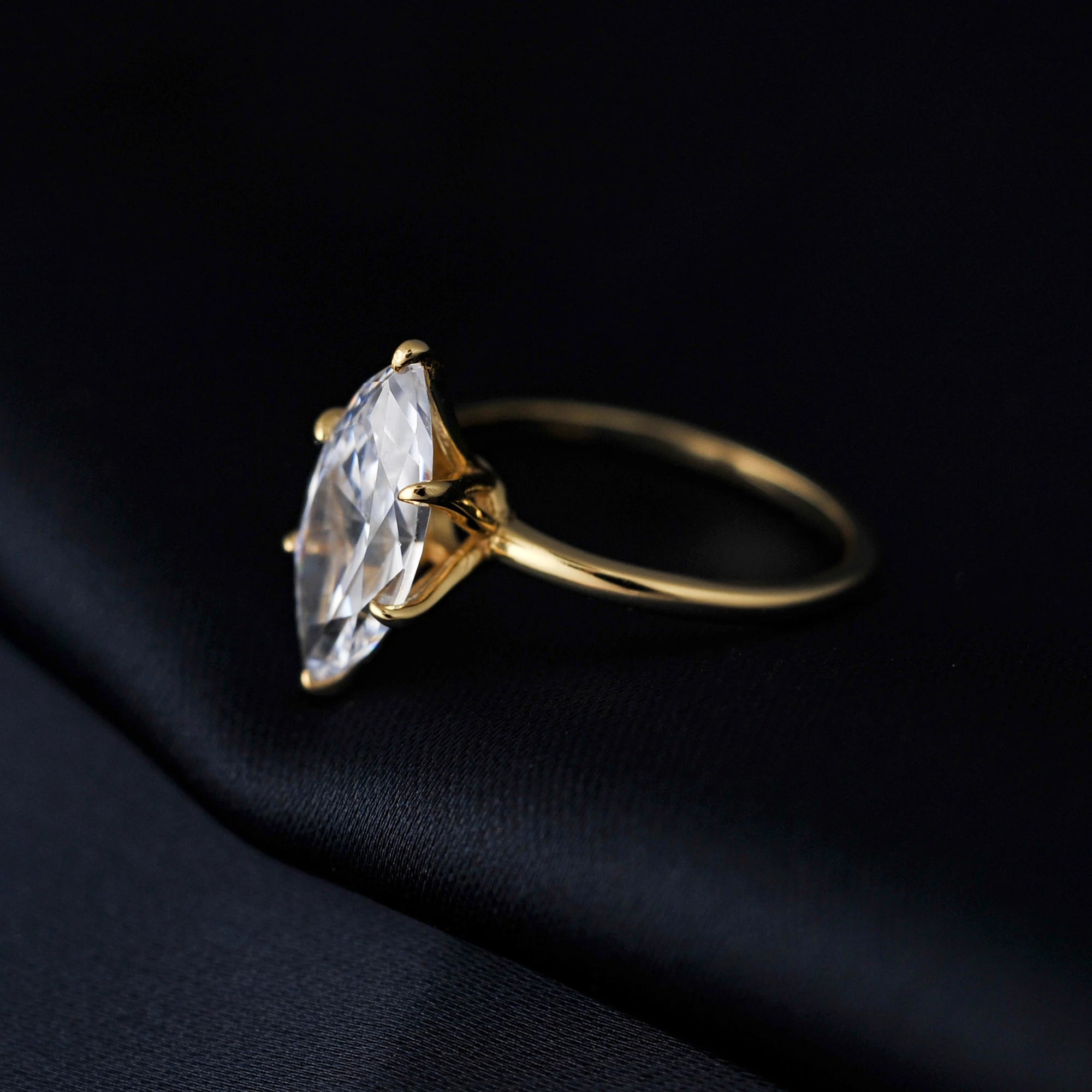 Potiy Vintage 9ct 5A Marquise Shape Cubic Zirconia Solitaire Engagement Ring For Women 925 Sterling Silver 14K Yellow Gold