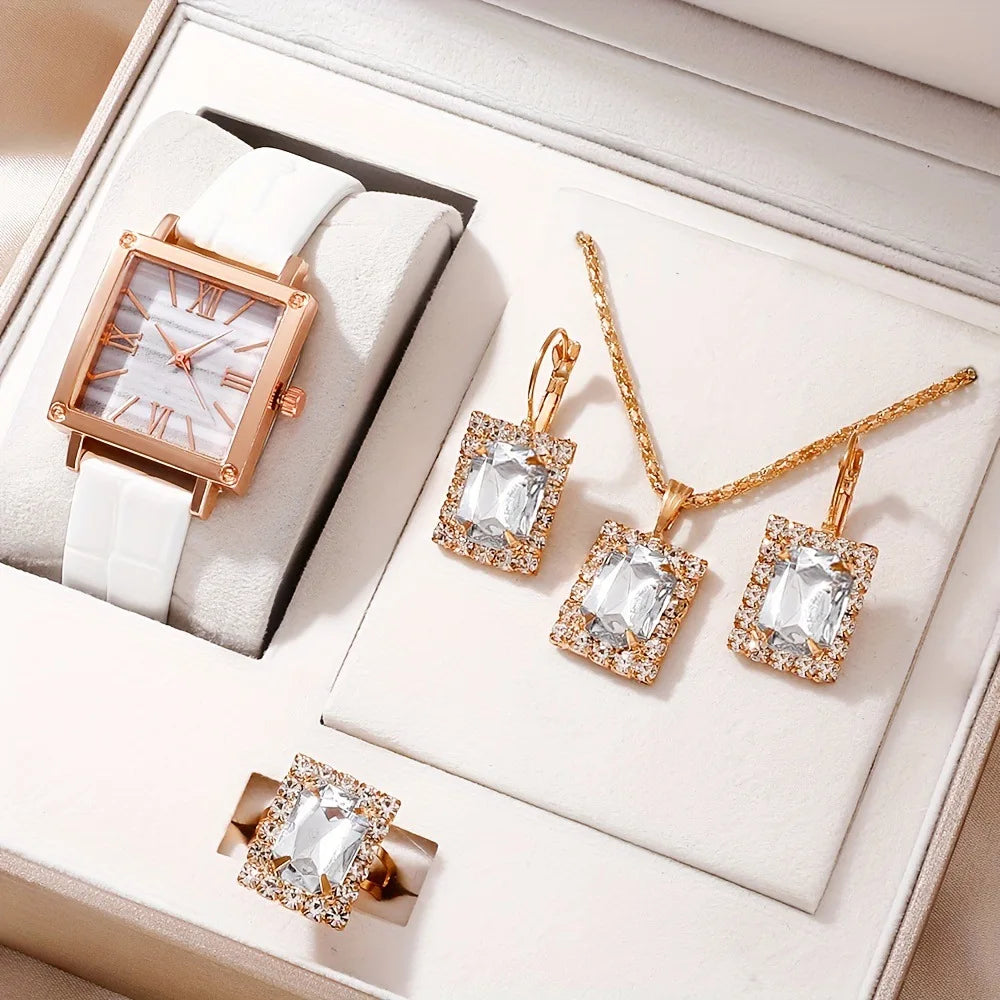 Women Fashion Watches Heart Rhinestone Ring Necklace Earring Jewelry Set Luxury Dress Quartz WristWatch Simple Elegant Watch Gif