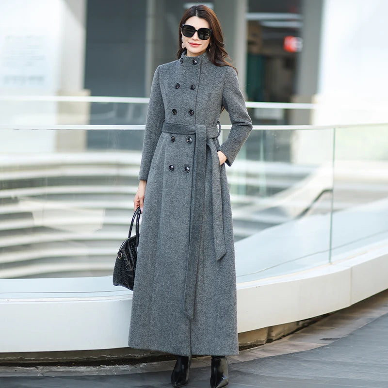 Gray Stand Collar Thickened Woolen Coat Winter Fashion Slimming Long Outerwear for Daily Wear Warm And Stylish New Arrival