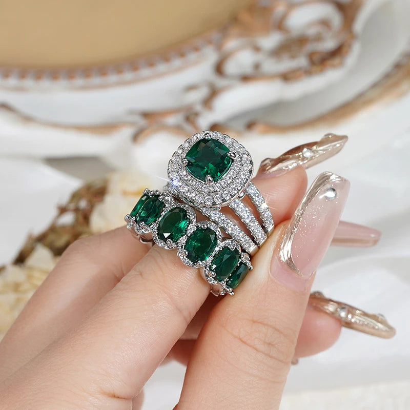 Huitan New Trendy Set Rings for Women Pink/White/Green/Black Cubic Zirconia Rings Gorgeous Wedding Accessories Eternity Jewelry