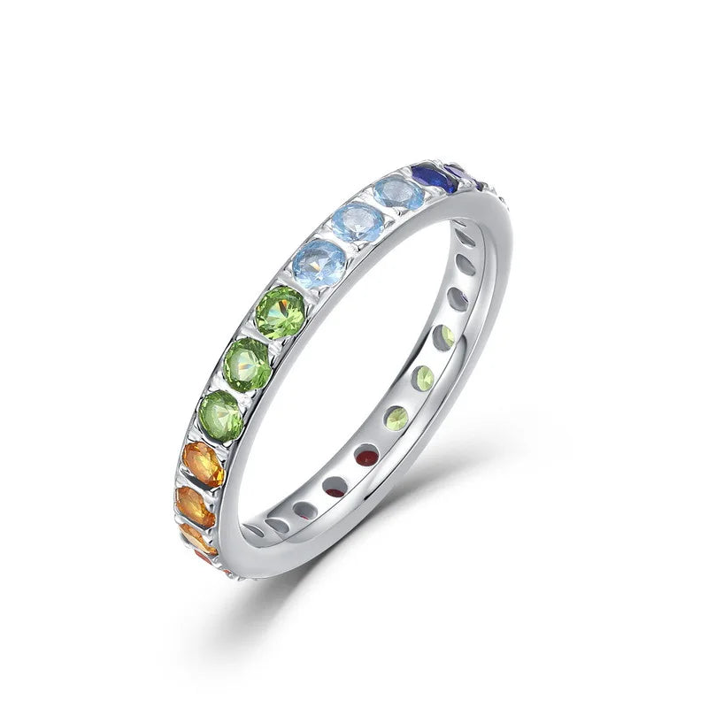 ALLNOEL Rainbow Band Ring for Woman Pure 925 Sterling Sliver 5A Zircon Eternity Fine Jewelry Colorful Engagement Birthday Gifts