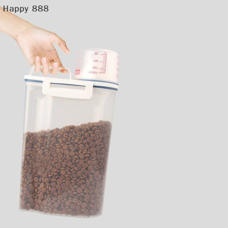 1.5kg/2kg Plastic Pet Food Storage Container With Measuring Cup, Moisture-Proof & Sealed Jar For Dogs And Cats