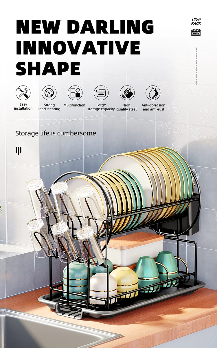 2 tier dish drying rack drain board set tableware drainer Kitchen countertop storage rack cup holder Knife and fork holder