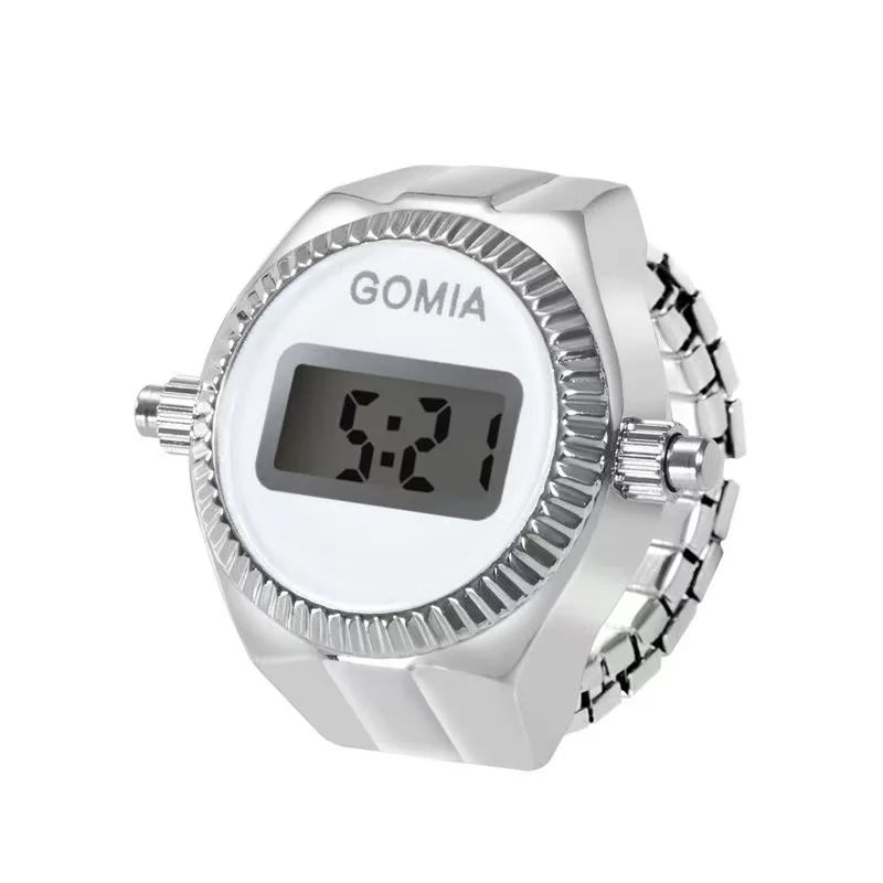 Fashion Electronic Watch Rings for Men Women Gold Silver Colorful Dial Stainless Steel Elastic Watch Strap Battery Mini Clock