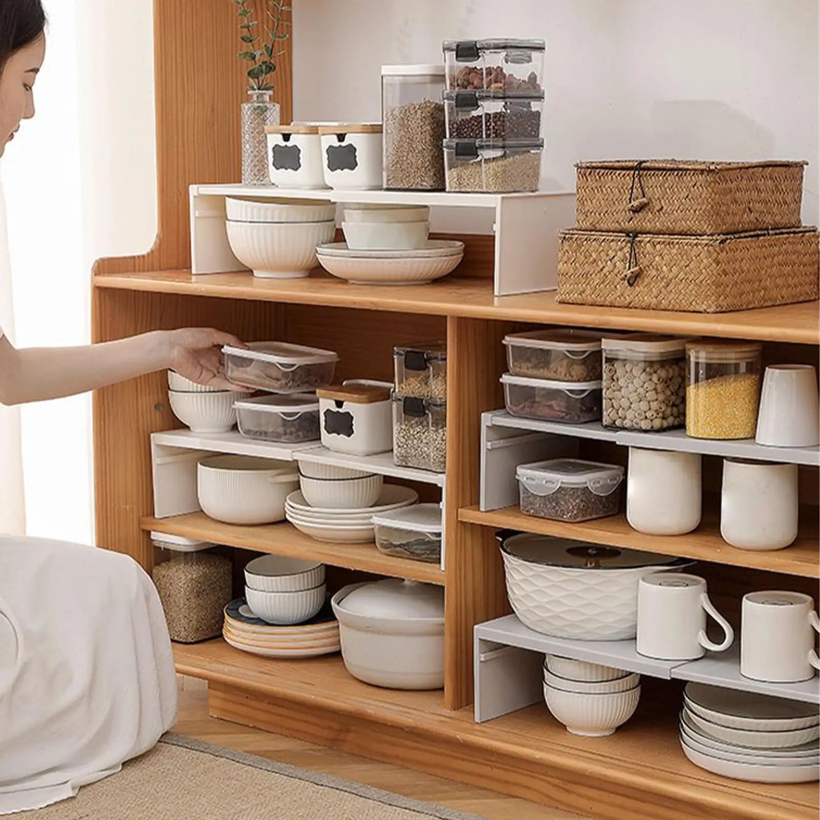 Expandable Kitchen Counter and Cabinet Shelf Space-Saving Stackable Layered Shelf Heavy-Duty Kitchen Storage Accessories for