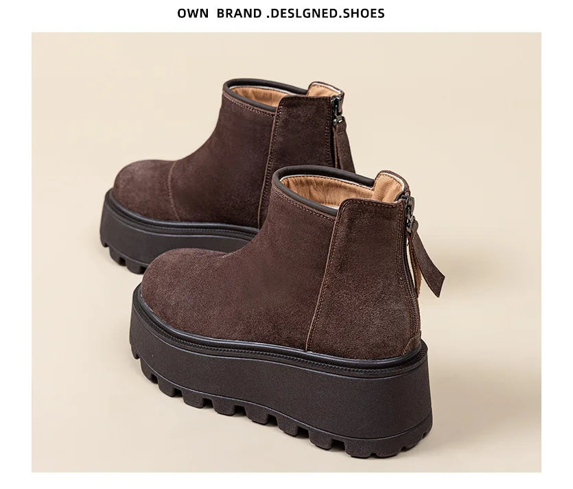 Fujin 7cm Suede Leather Snow Shoes Ankle Booties Platform Winter Boots Women Comfortable Non Slip Chelsea Boots Chunky Heel