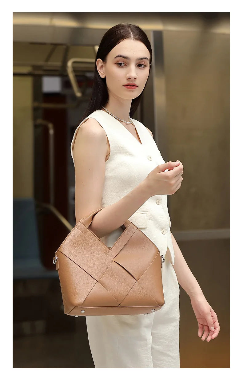 Genuine Leather Woven Tote Crossbody Bag
