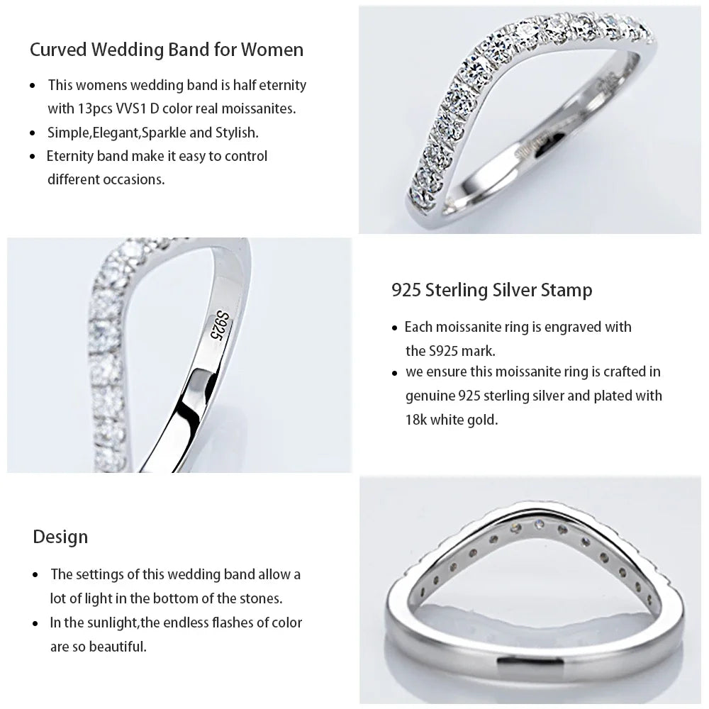 LinkerLove Moissanite Ring Diamond Curve Wedding Band 925 Sterling Silver Couple Engagement Ring Trend Fine Jewelry Gift for Her